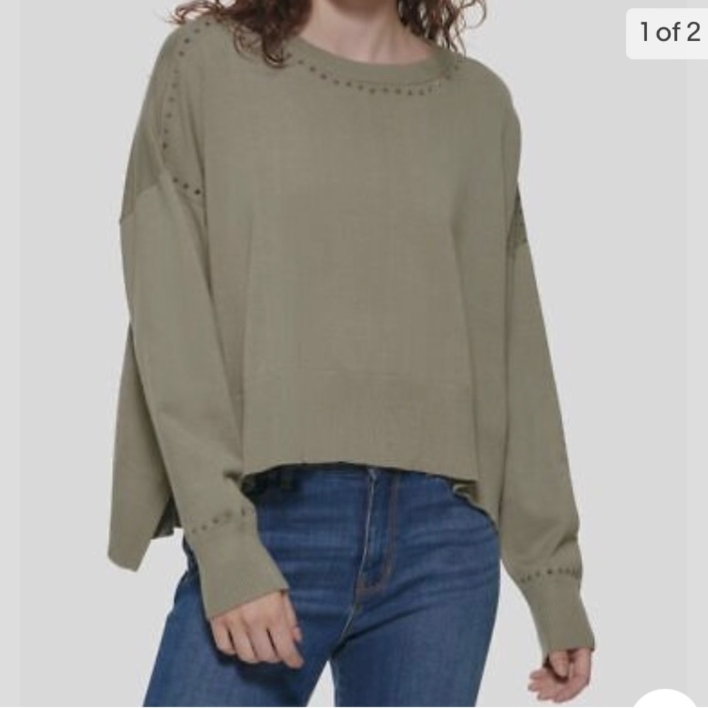 DKNY Women's Green Studded Crewneck Pullover Sweater Sweatshirt Size XL